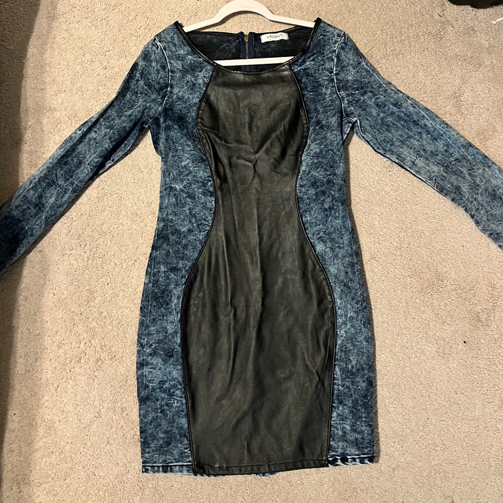 Hot Miami Styles Size Large Denim/Faux Leather Mini Dress